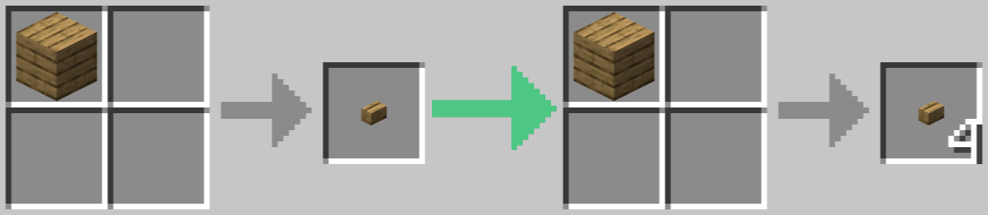 left: vanilla recipe for 1 oak plank to 1 oak button; right: reshaped recipe for 1 oak plank to 4 oak buttons