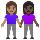 women holding hands: medium skin tone, dark skin tone emoji in PNG format