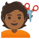 person getting haircut: medium-dark skin tone emoji in PNG format