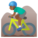 man mountain biking: medium-dark skin tone emoji in PNG format