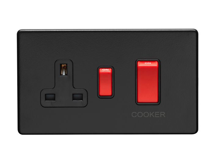 Eurolite Ecmb45Aswasb 45Amp Dp Cooker Switch With 13Amp Socket Flat Concealed Matt Black Plate Red Rockers