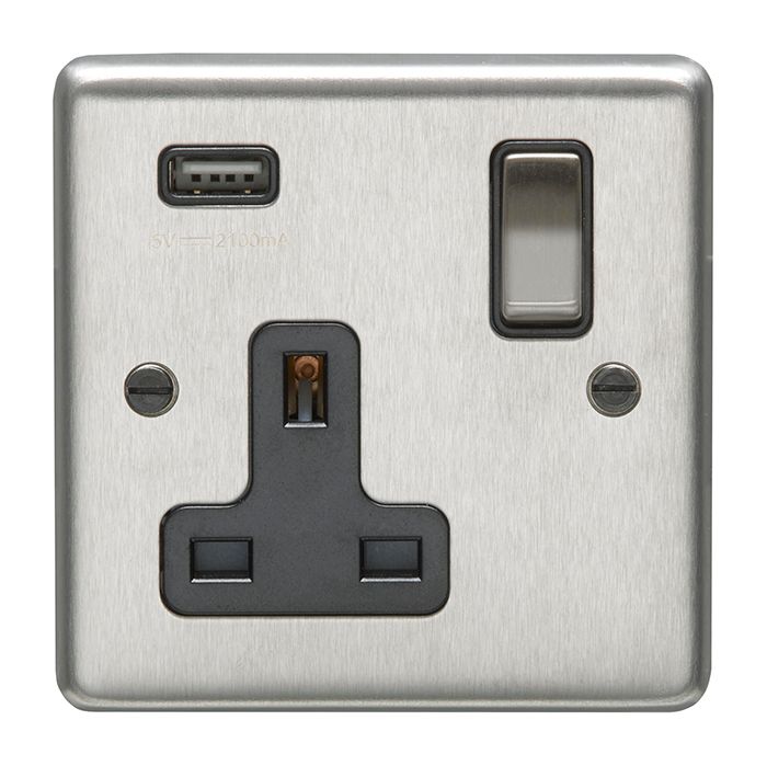 Eurolite Sss1Usbssb 1 Gang 13Amp Switched Socket With 2.1Amp Usb Outlet Round Edge Satin Stainless Steel Plate Matching Rocker Black Trim