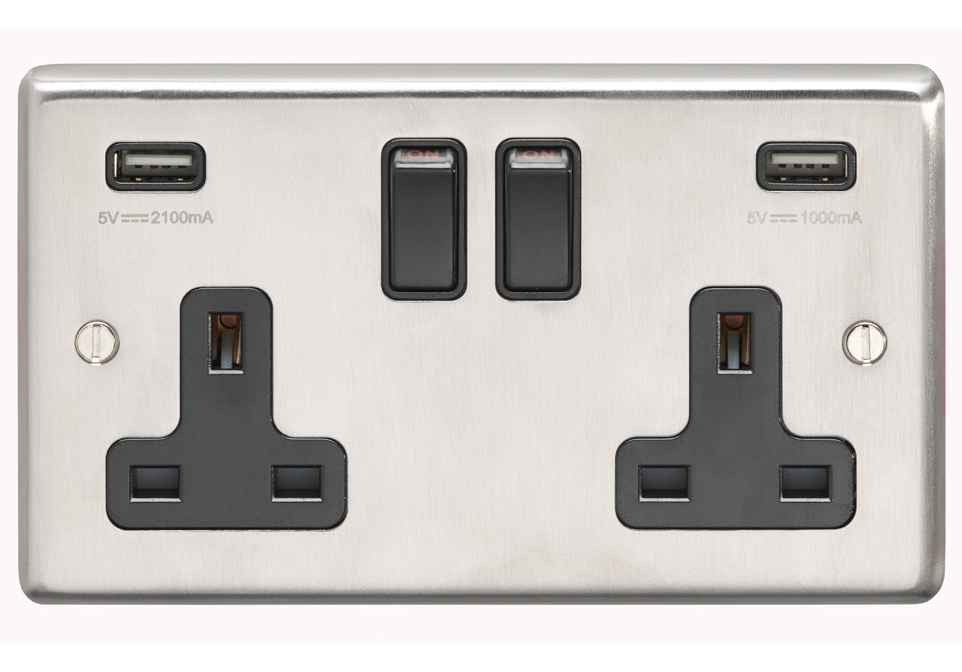 Eurolite Sss2Usbssw 2Gang13Amp Switched Socket With Comb 3.1 Ampusboutlets Round Edge Satin Stainless Steel Plate Match Rockers White Trim