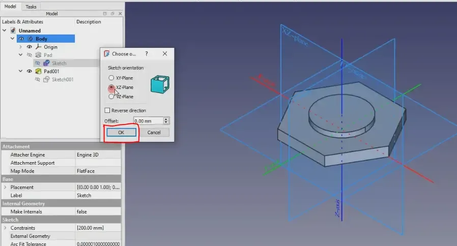 Reorient sketch with offset in freecad 1.0 09