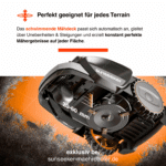 Sunseeker Mähroboter mit schwimmendem Mähdeck passt sich automatisch an Unebenheiten und Steigungen an und erzielt konstante perfekte Mähergebnisse von 20–60 mm auf jedem Terrain.