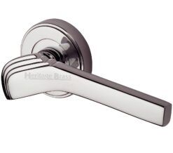 Heritage Brass Tiffany Art Deco Style Door Handles On Round Rose, Polished Nickel (Sold In Pairs)