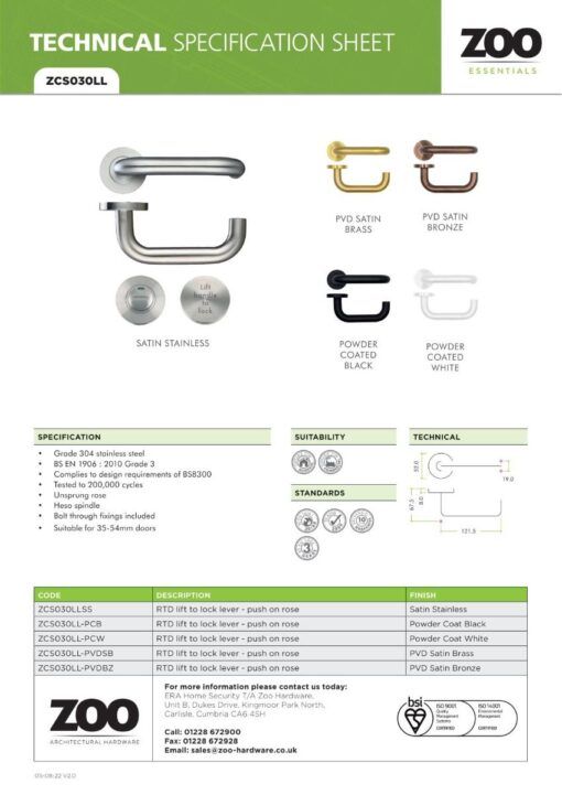 Zoo Hardware ZCS030LL-PCB 19mm Lift to Lock Tubular Return to Door Door Handle set -Push On Rose - Grade 304 - PCB Powder Coated Black
